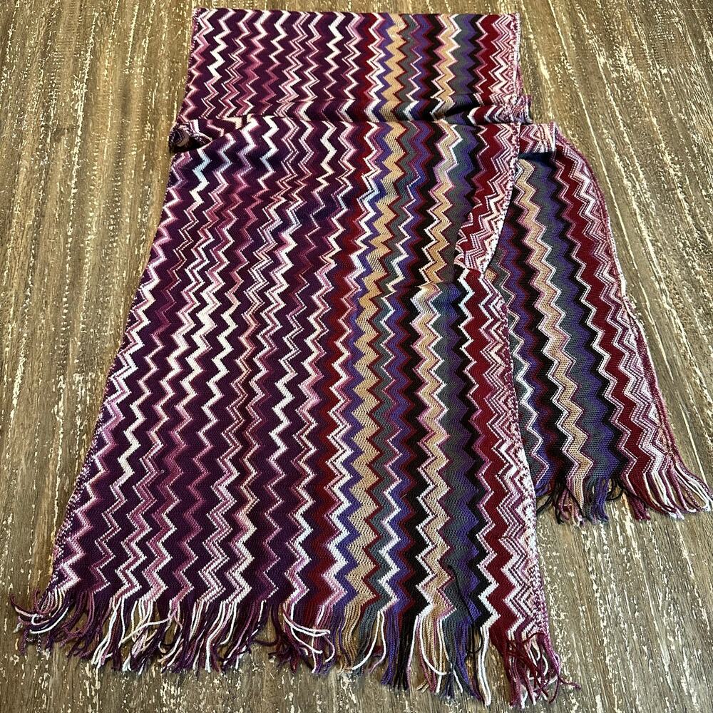 Missoni Foulard Italy Wool Scarf Orange Label Zigzag Knit Multicolor Fringed